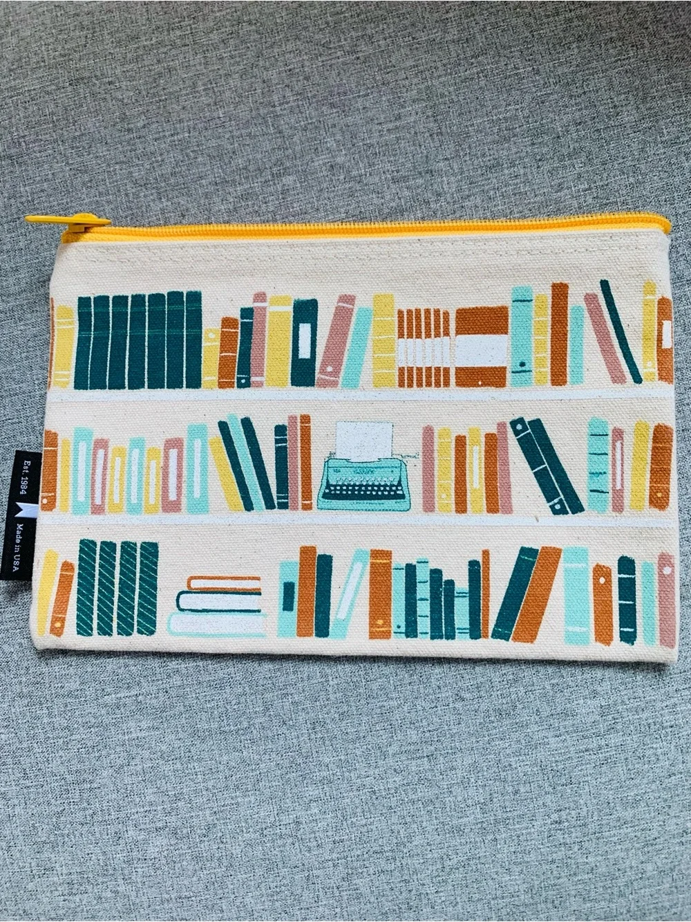 'Out of Print' Zip Top Pouch Pencils Make Up Multi Color Book Theme Library EUC